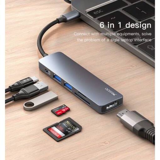 Yesido HB11 6-in-1 Aluminum USB-C Hub Adapter with 60W Fast Charging & Data Transfer - Image 3