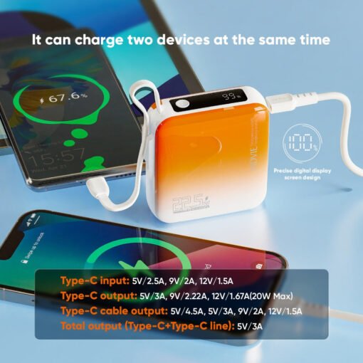 Gradient Color Portable Mini 10,000mAh PD 22.5W Power Bank With Built in Type C Cable - Image 6