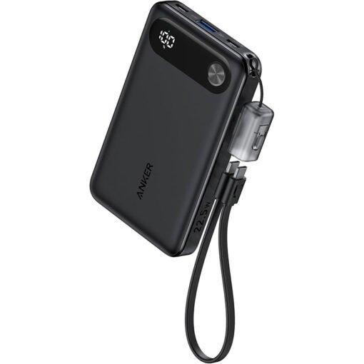 Anker Power Bank with Built-in USB-C Cable and Lanyard (10,000 mAh, 22.5W USB-C Charging) – A1257H11 – Black