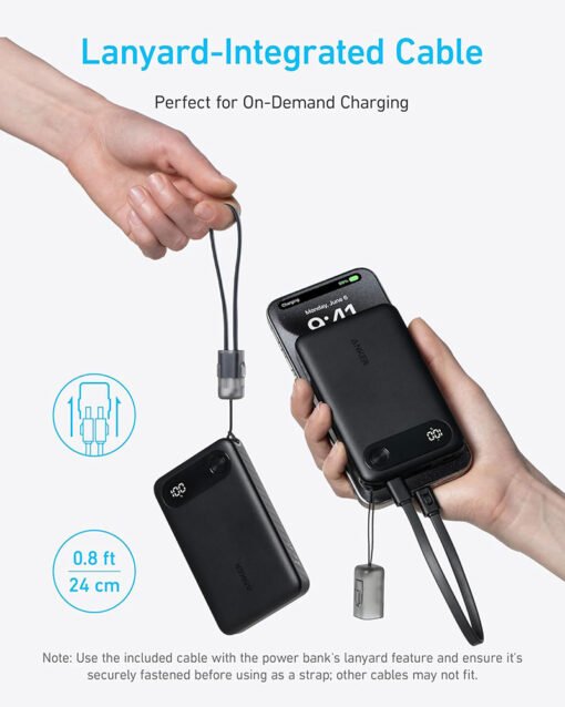 Anker Power Bank with Built-in USB-C Cable and Lanyard (10,000 mAh, 22.5W USB-C Charging) – A1257H11 – Black - Image 2