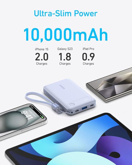 Anker Power Bank with Built-in USB-C Cable and Lanyard (10,000 mAh, 22.5W USB-C Charging) – A1257H11 – Black - Image 3
