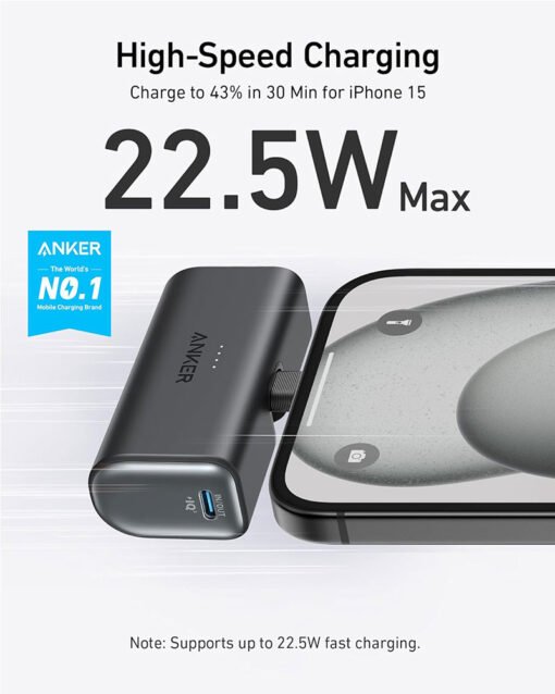 Anker Nano Power Bank (Built-In USB-C Connector) 5000mAh, 22.5W – A1653- Black - Image 2