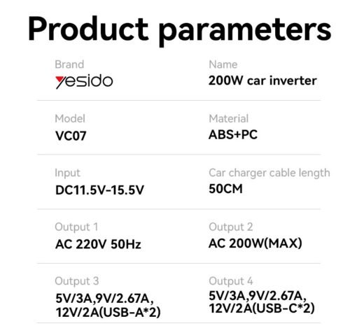 Yesido VC07 Premium 200W PD  Fast Charging Car Inverter - Image 8
