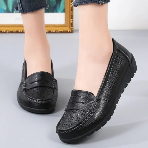 Premium Wedge Heel Leather Ladies Slip-on Loafers - Image 2