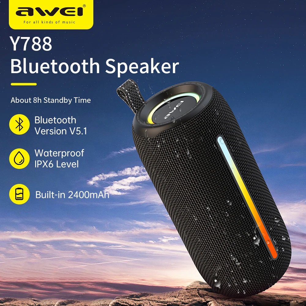 Premium Awei Y788 Waterproof Bluetooth 5.1 Speaker – TWS, Deep Bass, LED Party Lights-Black