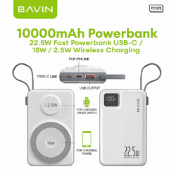 BAVIN 10000mAh Super Fast Wireless Power Bank – LED Display, Type-C Cable Included, Travel Ready