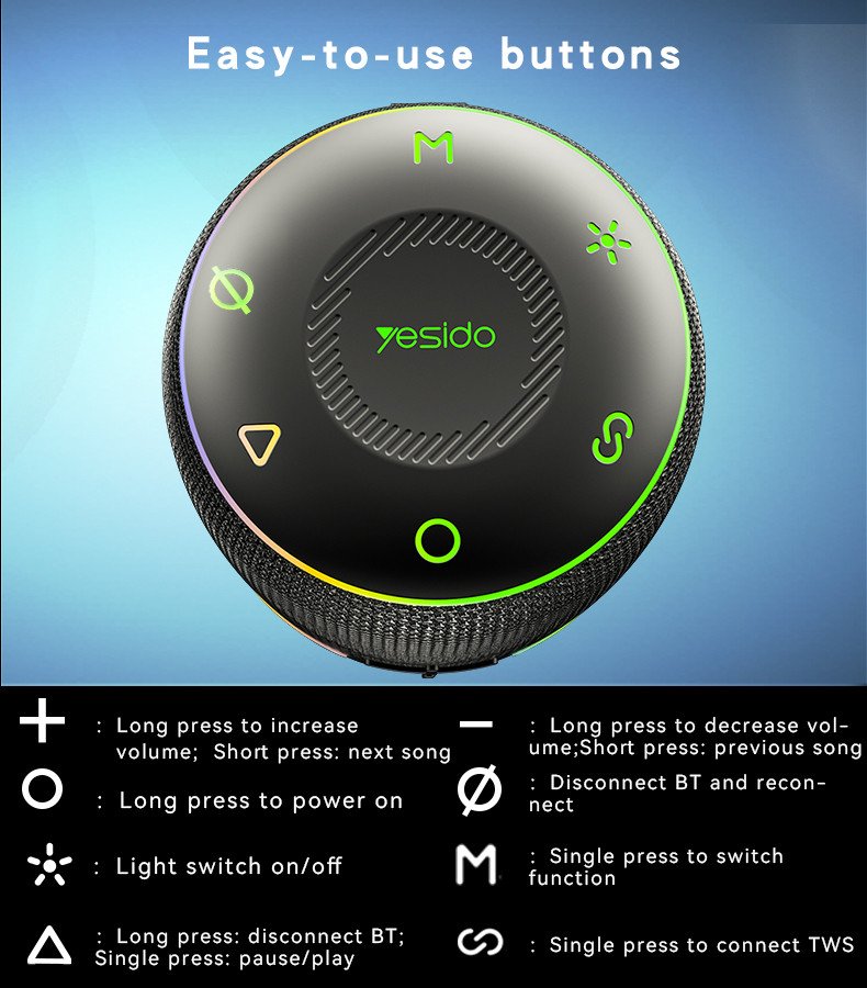 Yesido YSW22 30W Portable Bluetooth Speaker β Powerful Bass, Dynamic LED Lights & Wireless Outdoor Sound - Image 10